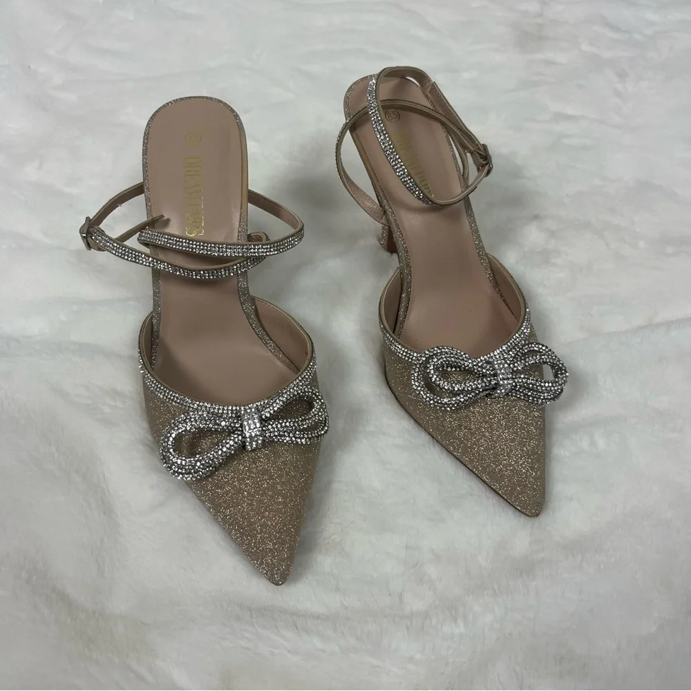 DREAM PAIRS GOLD GLITTER HEELS WITH CRYSTAL BOW SIZE 8.5 - Picture 15 of 15
